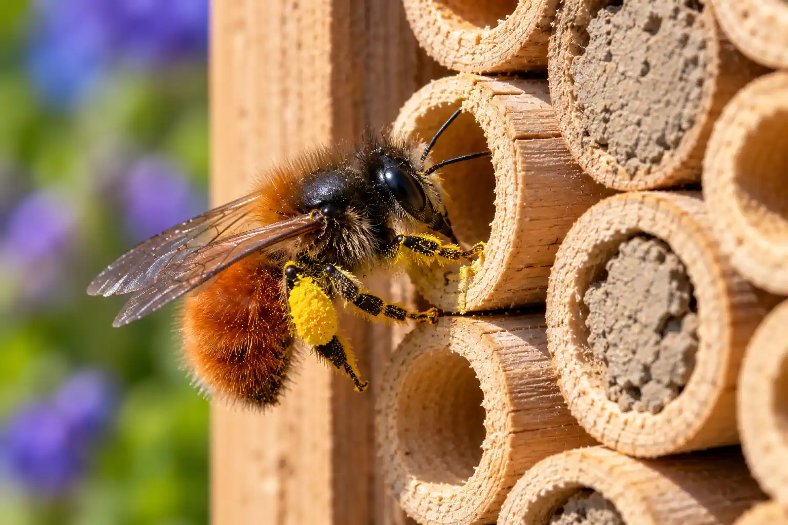 Wildbiene vor einem Insektenhotel