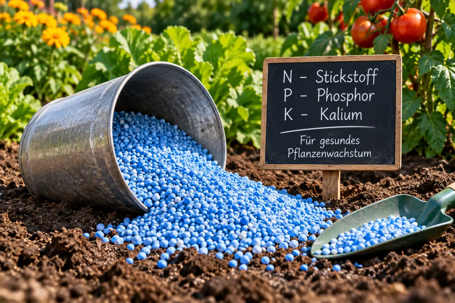 Das Bild zeigt den mineralischen Dünger "Blaukorn"
