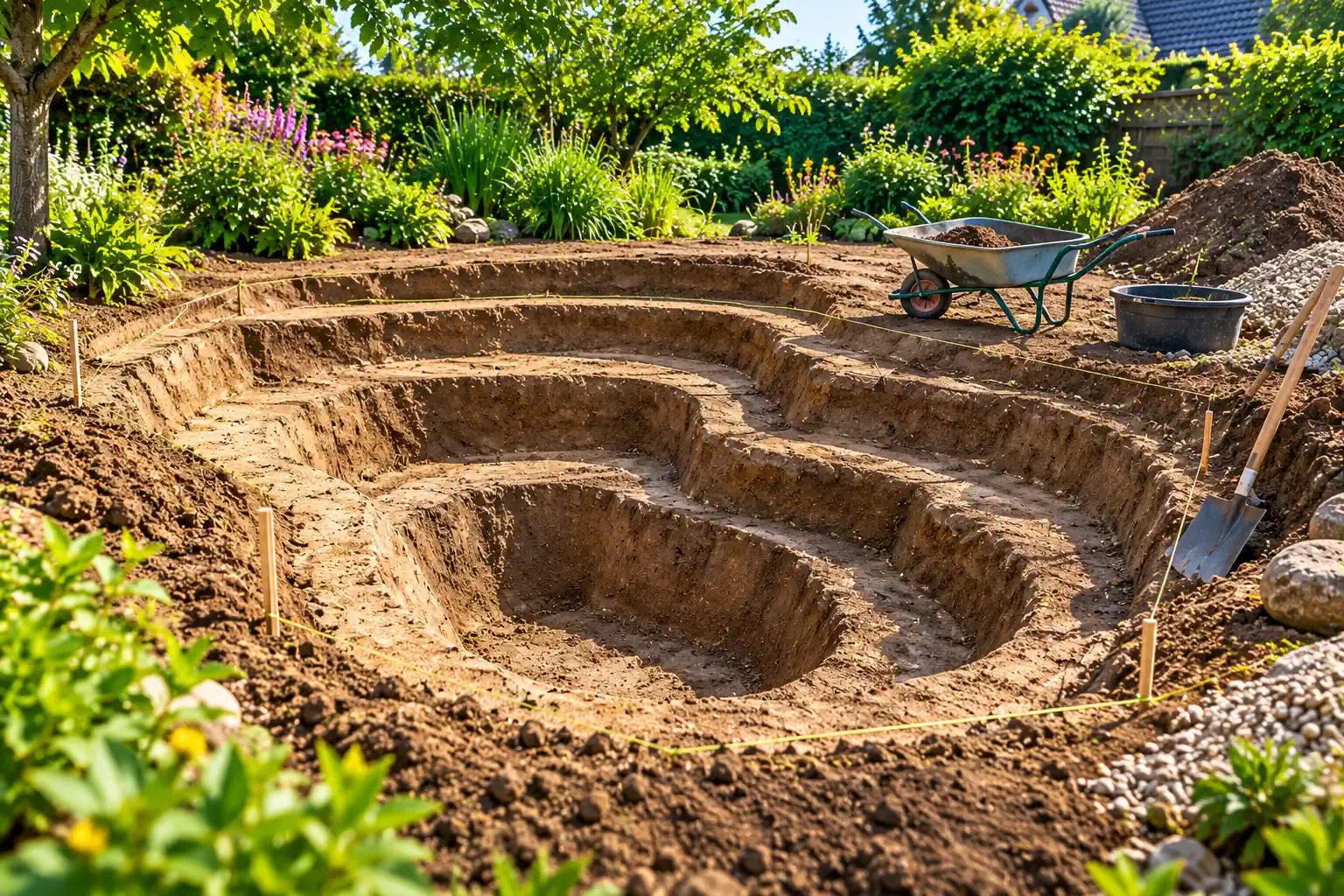 BAUPHASE: Ausgehobener Gartenteich mit deutlich erkennbaren Stufen