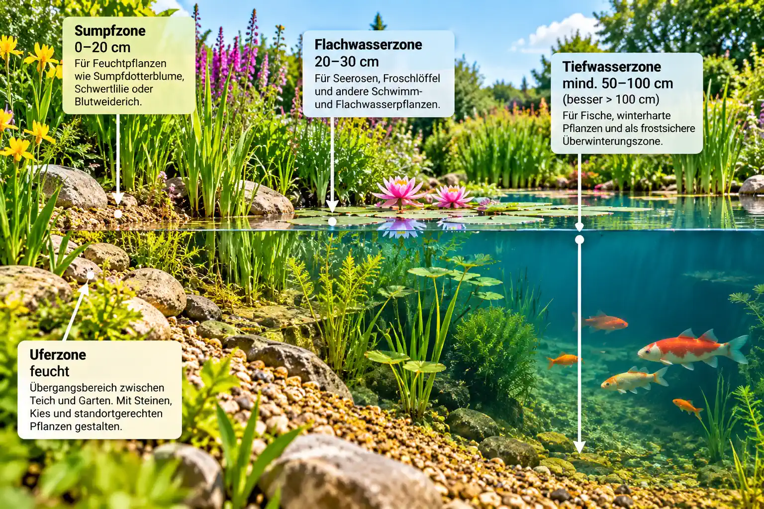 SCHEMA: Querschnitt mit Ufer-, Sumpf-, Flachwasser- und Tiefwasserzone