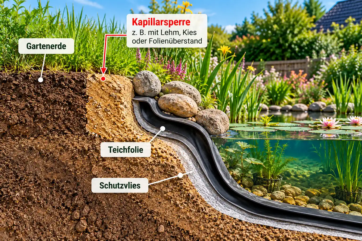 SCHEMA KAPILLARSPERRE: Teichfolie am Rand, Trennung zwischen Teichsubstrat und Gartenboden