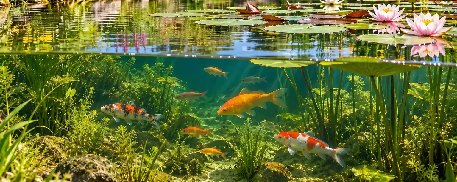 FISCHTEICH: Gepflegter Gartenteich mit wenigen Fischen