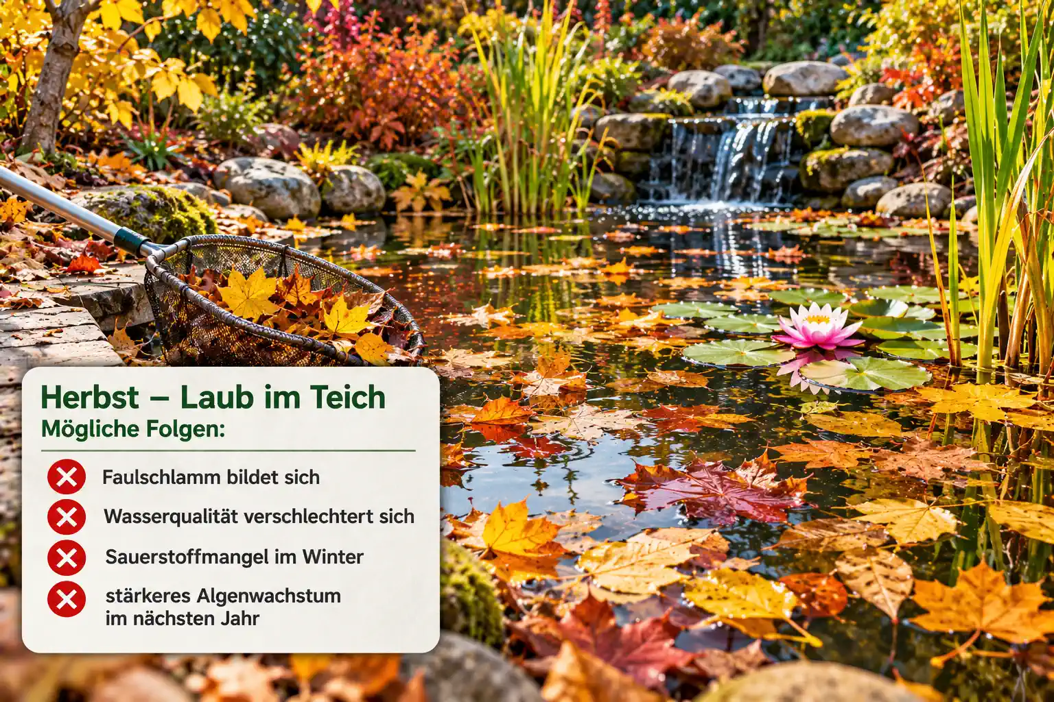 HERBST: Gartenteich mit Laubschutznetz beziehungsweise vorsichtiger Laubentfernung