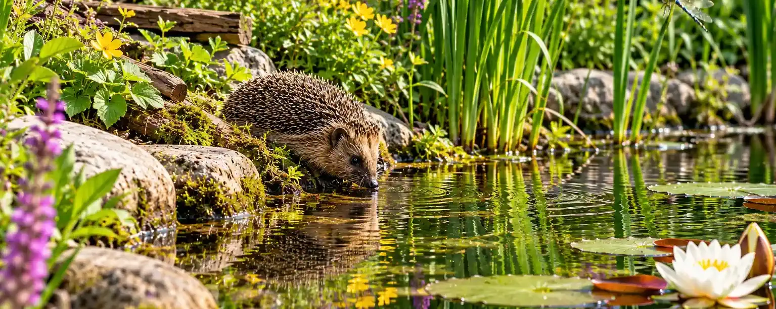 AUSSTIEGSHILFE: Flacher Uferbereich mit Steinen und einem teilweise im Wasser liegenden Holzstück