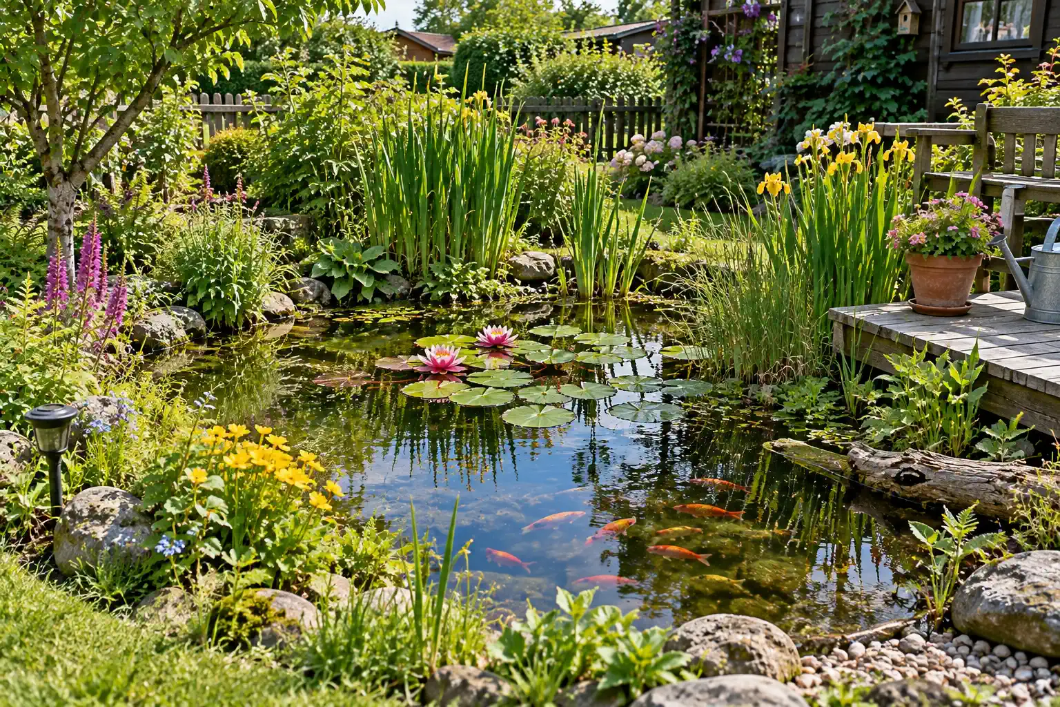 Naturnaher Kleingarten mit Gartenteich, Wildstauden, Obstgehölzen und Sitzplatz
