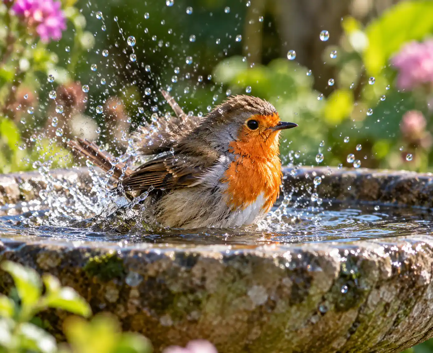 Rotkelchen badet in einer Vogeltränke